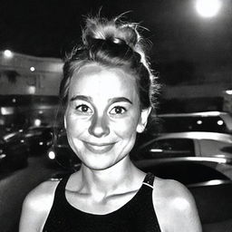 A black-and-white profile picture taken at night of a 30-year-old woman with a messy bun, wearing a dress