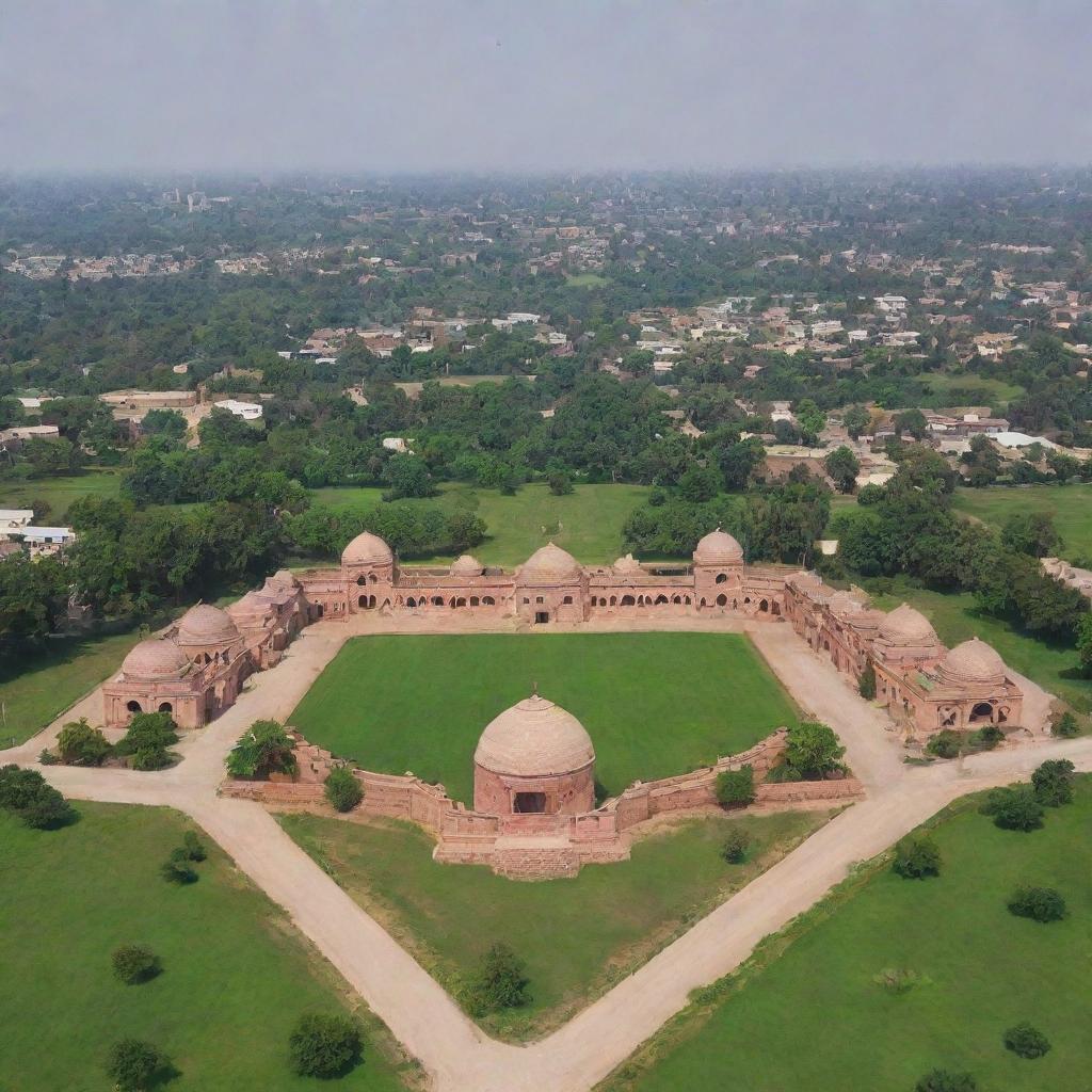 Scenic view showcasing the beauty of Jhang city in Pakistan, with detailed landmarks, lush green landscapes, and the rich cultural architecture