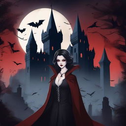 A dark and mysterious scene featuring elegant vampires with pale skin, sharp fangs, and glowing red eyes