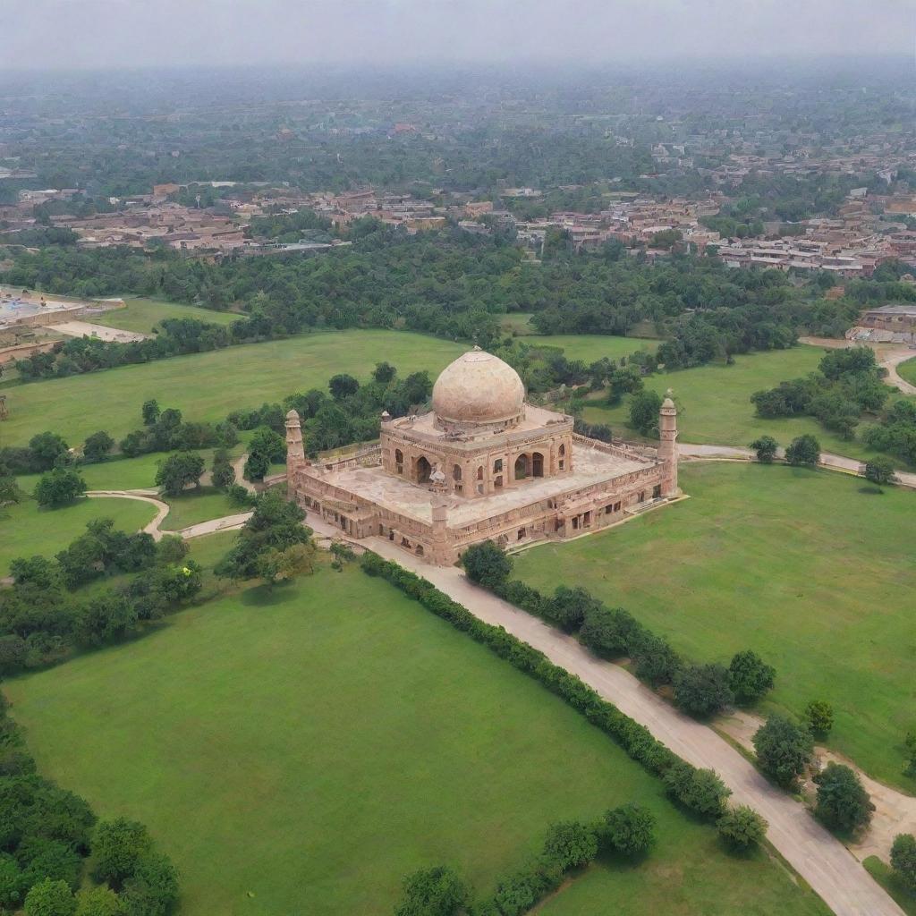 Scenic view showcasing the beauty of Jhang city in Pakistan, with detailed landmarks, lush green landscapes, and the rich cultural architecture