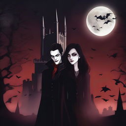 A dark and mysterious scene featuring elegant vampires with pale skin, sharp fangs, and glowing red eyes