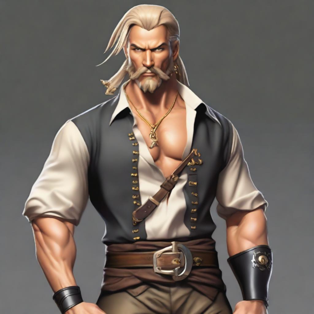 A swashbuckler rogue with a short sleeve black linen shirt fitting tightly around his muscular frame and shoulders