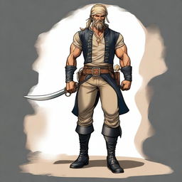 A swashbuckler rogue with a short sleeve black linen shirt fitting tightly around his muscular frame and shoulders