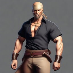 A swashbuckler rogue with a short sleeve black linen shirt fitting tightly around his muscular frame and shoulders