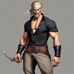 A swashbuckler rogue with a short sleeve black linen shirt fitting tightly around his muscular frame and shoulders