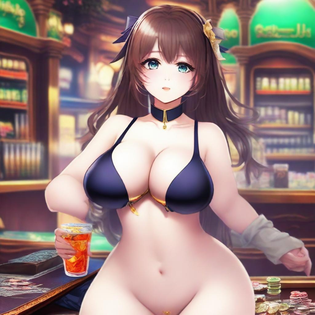 A breathtakingly beautiful waifu with a voluptuous figure, who is addicted to gambling and alcoholic beverages, and is deeply in love