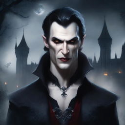 A detailed vampire character design for a gothic novel cover