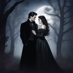 A romantic couple of vampires standing under the moonlight, dressed in elegant gothic attire, with a dark and mysterious forest in the background