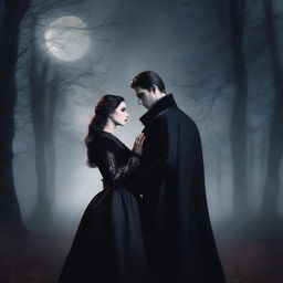 A romantic couple of vampires standing under the moonlight, dressed in elegant gothic attire, with a dark and mysterious forest in the background