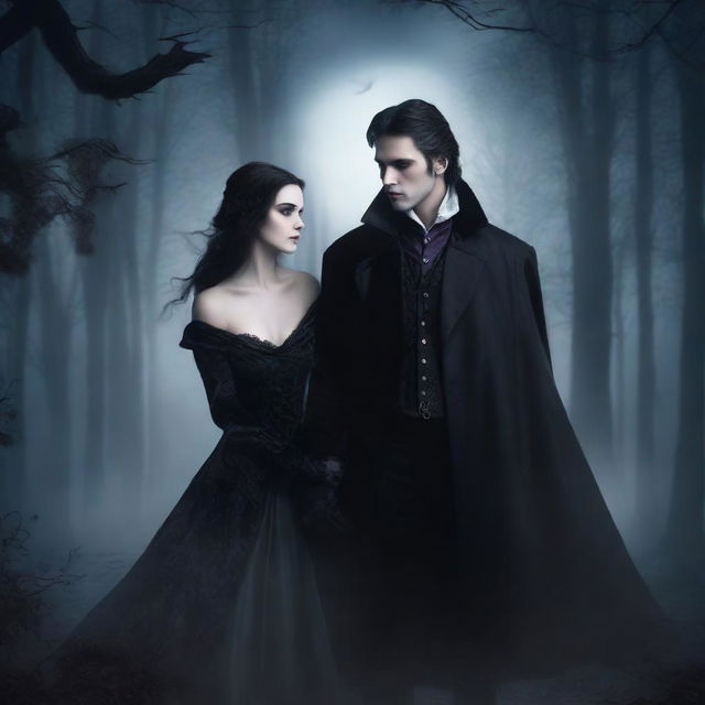 A romantic couple of vampires standing under the moonlight, dressed in elegant gothic attire, with a dark and mysterious forest in the background