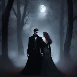 A romantic couple of vampires standing under the moonlight, dressed in elegant gothic attire, with a dark and mysterious forest in the background