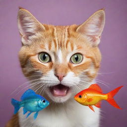 A vivid image of a playful cat with a shiny, colourful fish