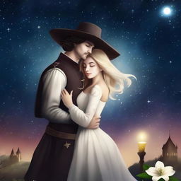 Create a cover for a medieval romance book featuring a dark and starry sky as the background