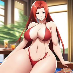 A breathtakingly beautiful waifu with a voluptuous figure, who is addicted to gambling and alcoholic beverages, and is deeply in love