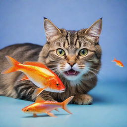 A vivid image of a playful cat with a shiny, colourful fish