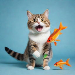 A vivid image of a playful cat with a shiny, colourful fish