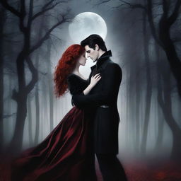 A romantic couple of vampires standing under the moonlight