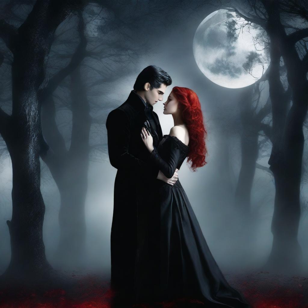 A romantic couple of vampires standing under the moonlight