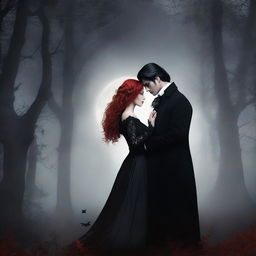 A romantic couple of vampires standing under the moonlight