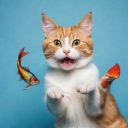 A vivid image of a playful cat with a shiny, colourful fish