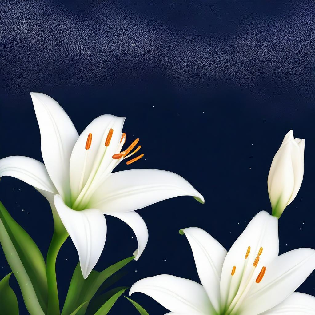 Create an image featuring a dark and starry sky with a white lily in the foreground