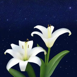 Create an image featuring a dark and starry sky with a white lily in the foreground