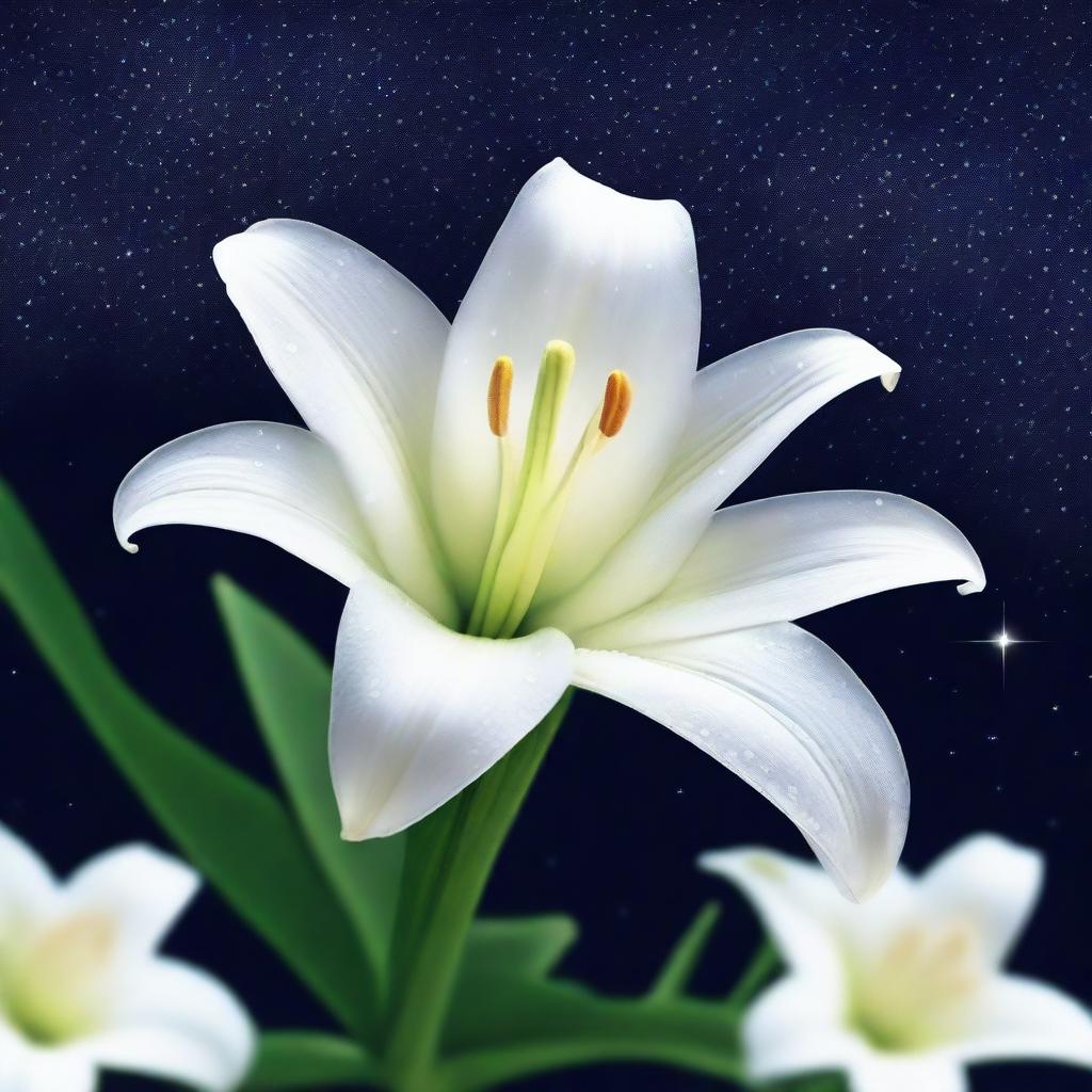 Create an image featuring a dark and starry sky with a white lily in the foreground