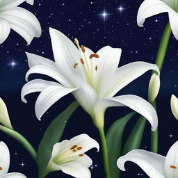 Create an image featuring a dark and starry sky with a white lily in the foreground