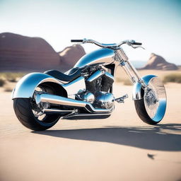 A chrome speeder bike chopper with sleek, futuristic design