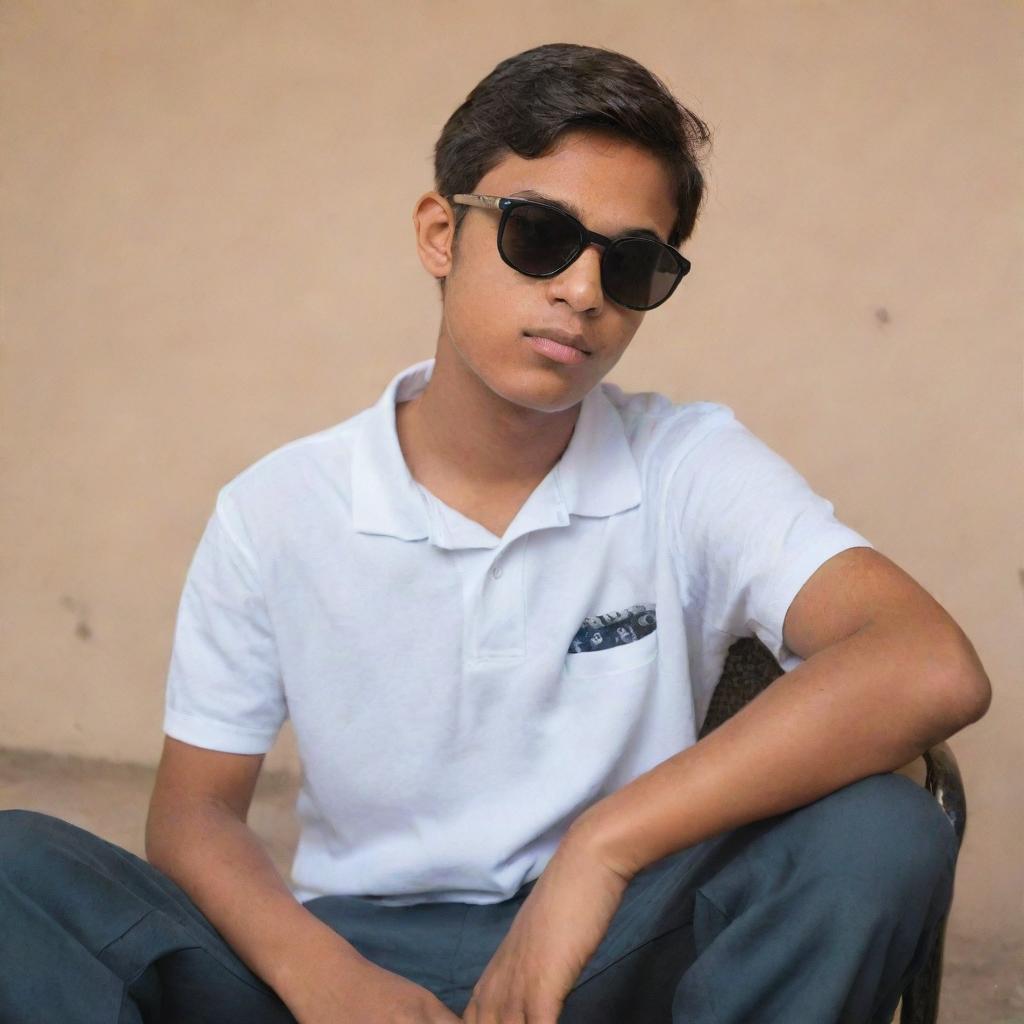 An 18-year-old boy named Junaid, wearing sunglasses, in deep thought about success while sitting on a chair.