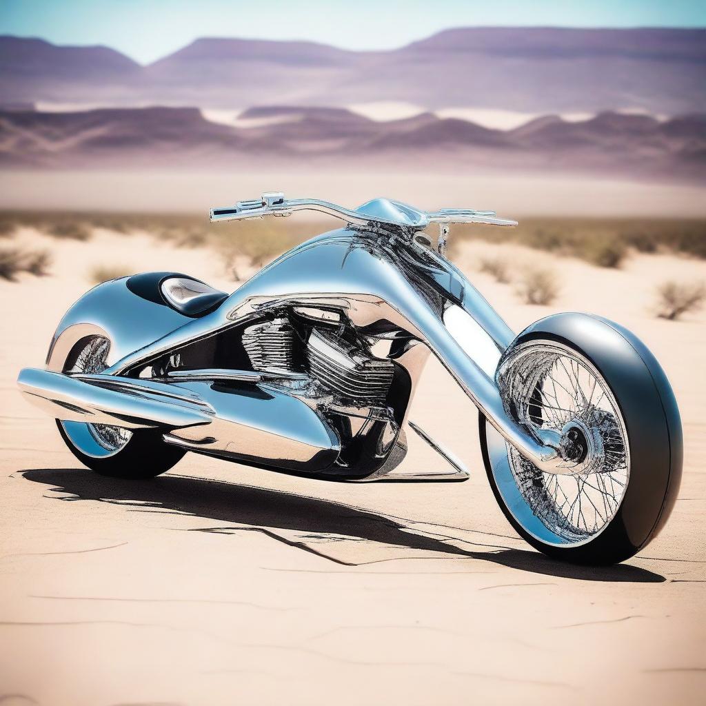 A chrome speeder bike chopper with a sleek, futuristic design