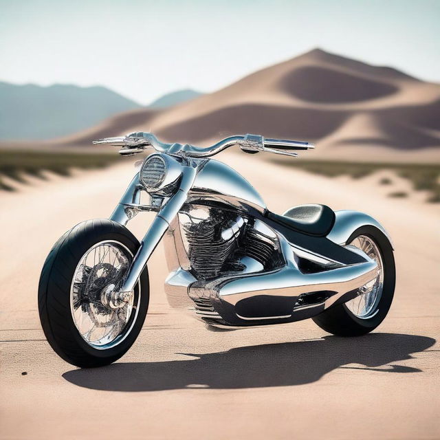 A chrome speeder bike chopper with a sleek, futuristic design