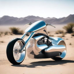 A chrome speeder bike chopper with a sleek, futuristic design