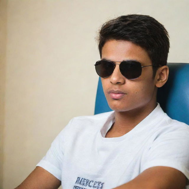 An 18-year-old boy named Junaid, wearing sunglasses, in deep thought about success while sitting on a chair.