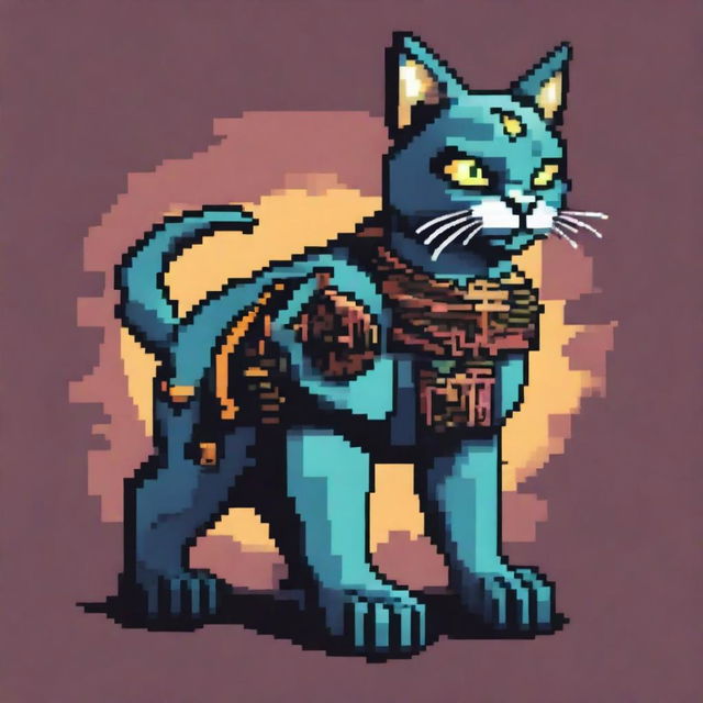 A mechanical warrior cat, designed with intricate details and gears, rendered in a vibrant 8-bit pixel art style