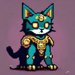 A mechanical warrior cat, designed with intricate details and gears, rendered in a vibrant 8-bit pixel art style