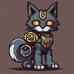 A mechanical warrior cat, designed with intricate details and gears, rendered in a vibrant 8-bit pixel art style