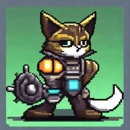 A mechanical warrior cat, designed with intricate details and gears, rendered in a vibrant 8-bit pixel art style