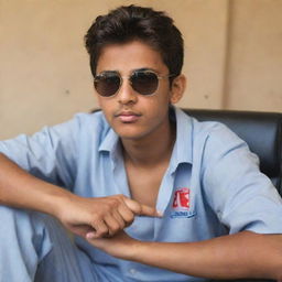 An 18-year-old boy named Junaid, wearing sunglasses, in deep thought about success while sitting on a chair.