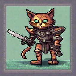 A bipedal mechanical warrior cat, designed with intricate details and gears, rendered in a vibrant 8-bit pixel art style