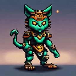 A bipedal mechanical warrior cat, designed with intricate details and gears, rendered in a vibrant 8-bit pixel art style