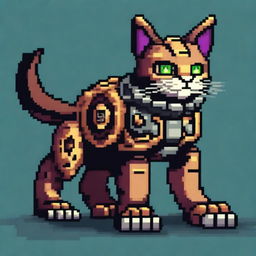 A bipedal mechanical warrior cat, designed with intricate details and gears, rendered in a vibrant 8-bit pixel art style