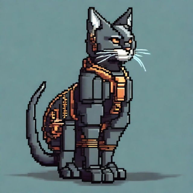 A bipedal mechanical warrior cat, designed with intricate details and gears, rendered in a vibrant 8-bit pixel art style