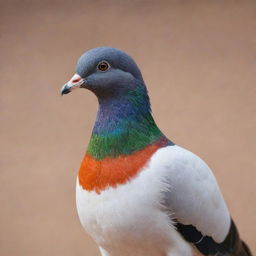 A realistic pigeon, subtly infused with the rich tricolors of the Indian flag: a hint of saffron on its head, a wash of white across the body, and a touch of green at the tail, with a small navy blue Ashoka Chakra nestled in its plumage.