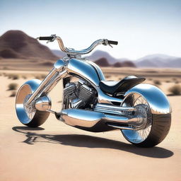 A chrome speeder bike chopper with a go-cart seat, combining elements of futuristic design and classic go-cart style