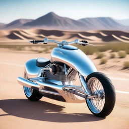 A chrome speeder bike chopper with a go-cart seat, combining elements of futuristic design and classic go-cart style