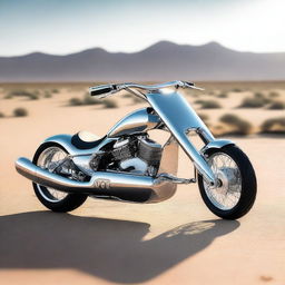 A chrome speeder bike chopper with a go-cart seat, combining elements of futuristic design and classic go-cart style