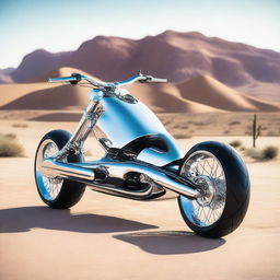 A chrome speeder bike chopper with a go-cart seat, blending futuristic design with classic go-cart aesthetics