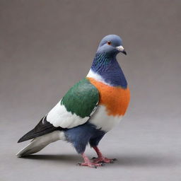 A realistic pigeon, subtly infused with the rich tricolors of the Indian flag: a hint of saffron on its head, a wash of white across the body, and a touch of green at the tail, with a small navy blue Ashoka Chakra nestled in its plumage.