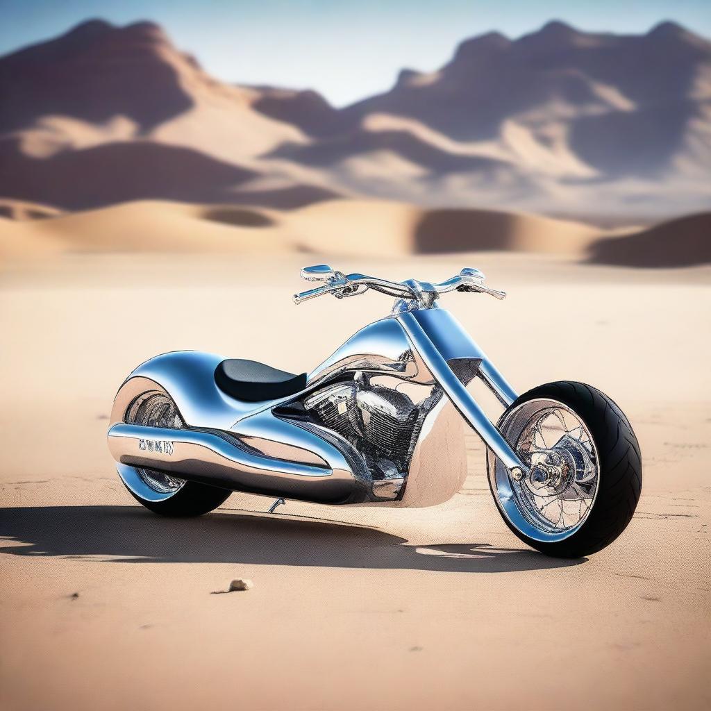 A chrome speeder bike chopper with a go-cart seat, blending futuristic design with classic go-cart aesthetics